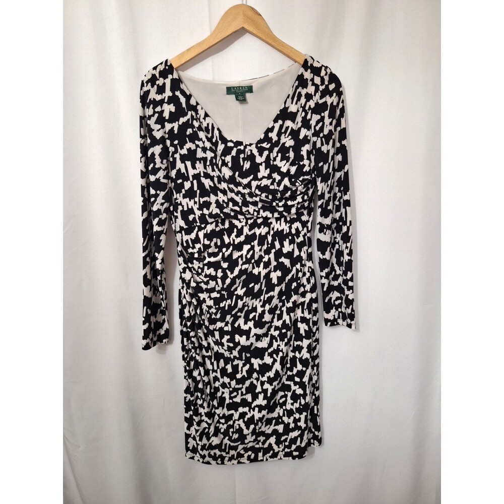 Lauren Ralph Lauren Dress Sz 8 Black White Long Sleeve Ruched Stretch Office